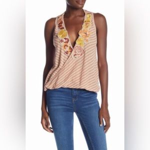 Free People Frida Wrap Top XS Racerback Embroidered Tan Orange Striped Floral